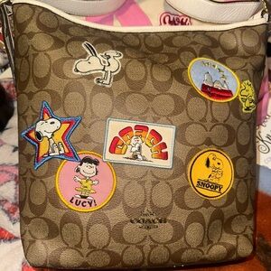Coach Brown Signature Canvas Crossbody with Peanuts Patch Accents